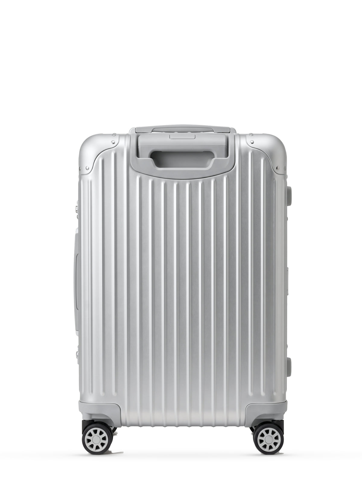 TALO The Cabin aluminum carry-on from the back, ribbed shell and recessed handle housing.