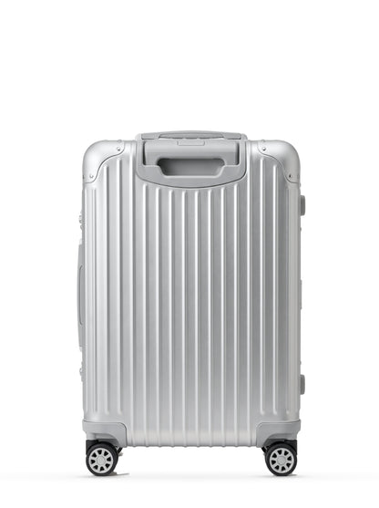 TALO The Cabin aluminum carry-on from the back, ribbed shell and recessed handle housing.