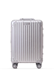 TALO The Cabin aluminum carry-on, front view, ribbed silver shell with the engraved TALO nameplate.
