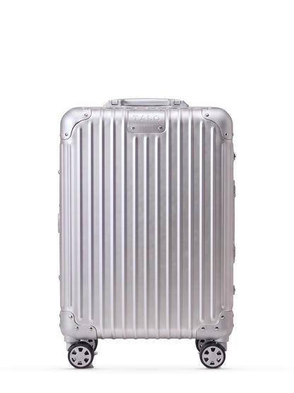 TALO The Cabin aluminum carry-on, front view, ribbed silver shell with the engraved TALO nameplate.